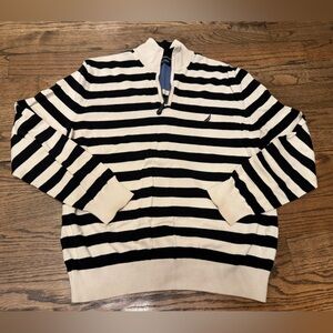 Nautica Striped 1/4 Zip Sweater Black Cream Cotton Size M